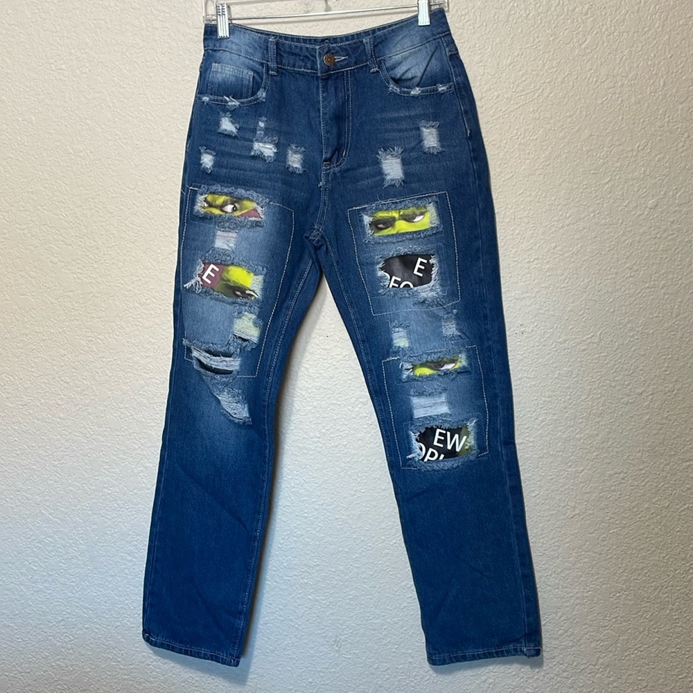 Hand Crafted Blue Straight Leg Jeans with Graphic Accents